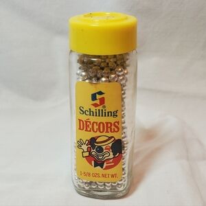 Schilling Décors Vtg 1960s-1970s Silver Beads Cake Decorations Bottle Jar USA